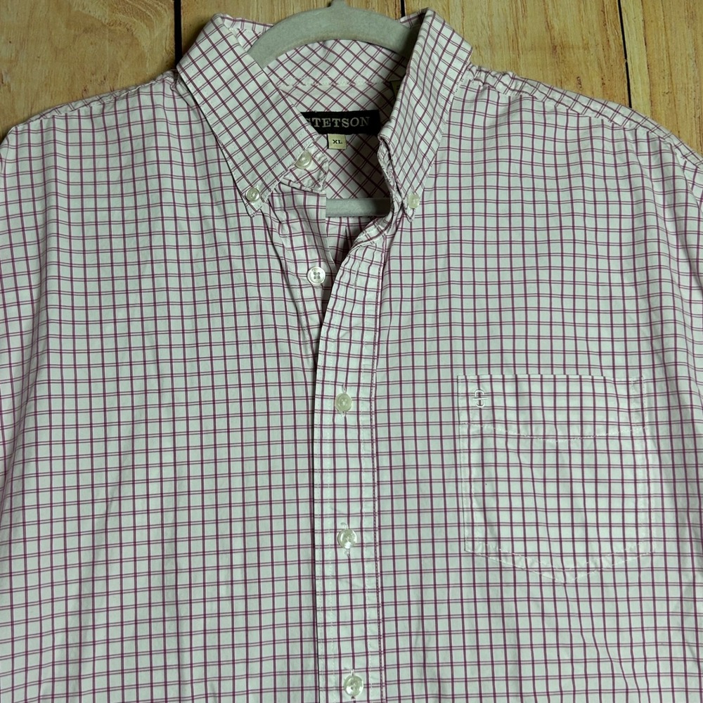 Stetson‎ Button Down Shirt Mens XL White Purple Windowpane Plaid Western Cowboy